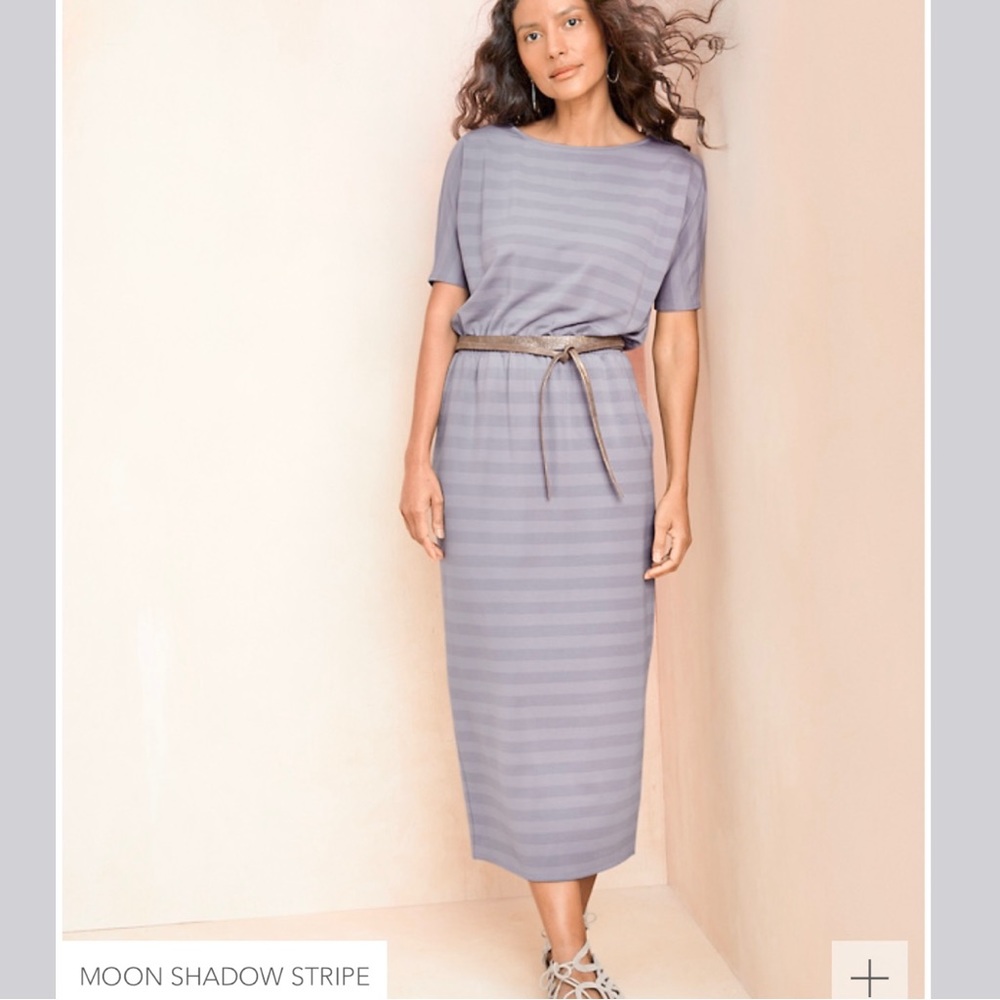 Garnet Hill Soft Stripe Pull On Summer Beachy Midi Dress Medium with Pockets